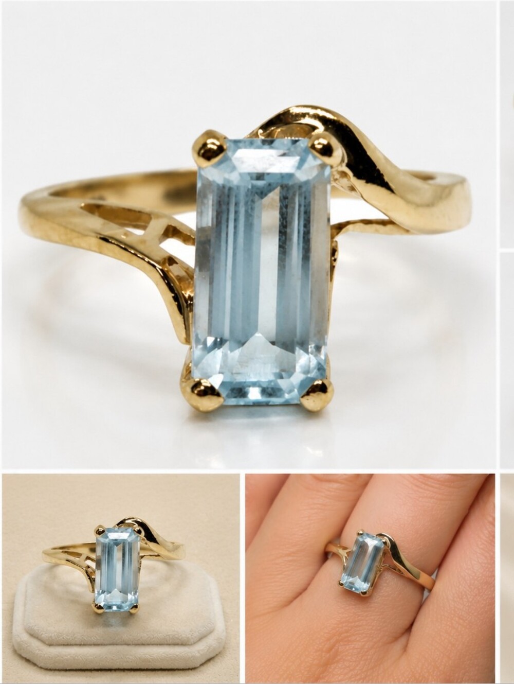 10K Yellow Gold Ring with Emerald-Cut Sky Blue Topaz Gemstone GTR Hallmark USA
